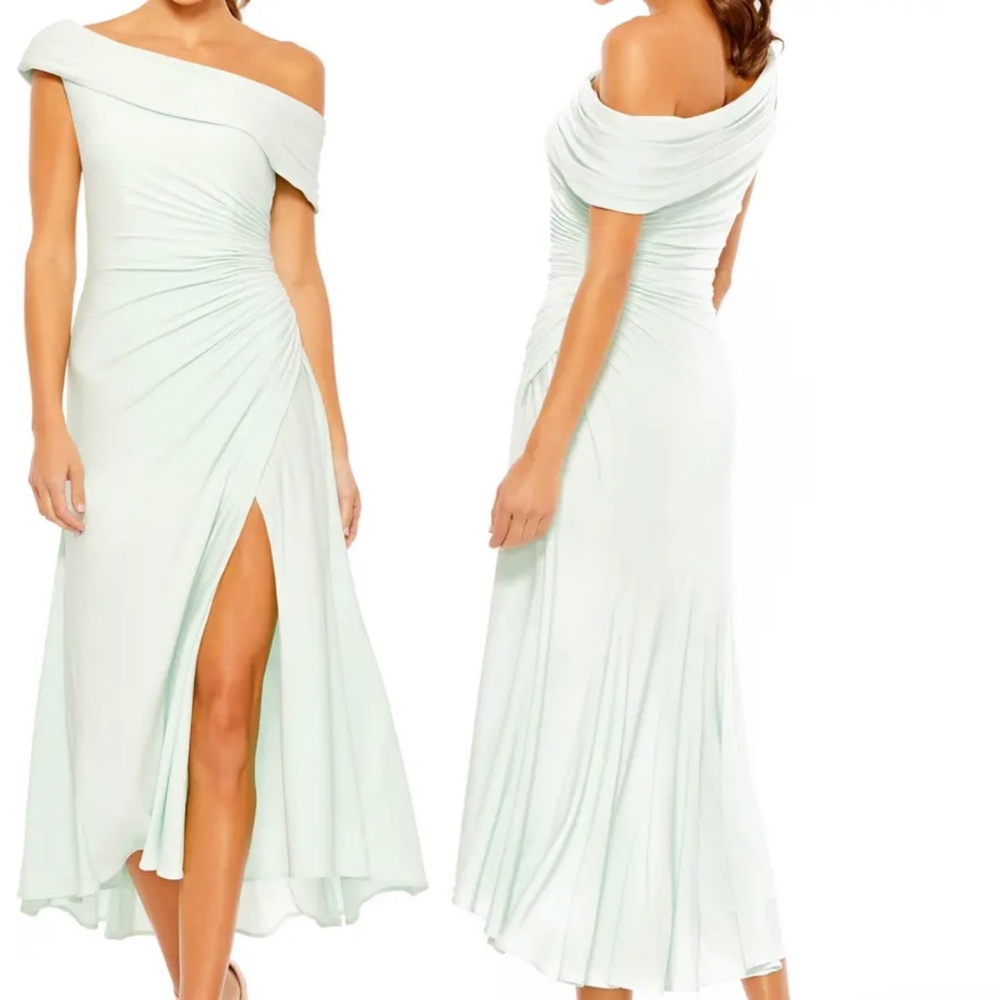 MAC DUGGAL Foldover Ruched One-Shoulder JERSEY Midi Dress ,SZ 2, NEW